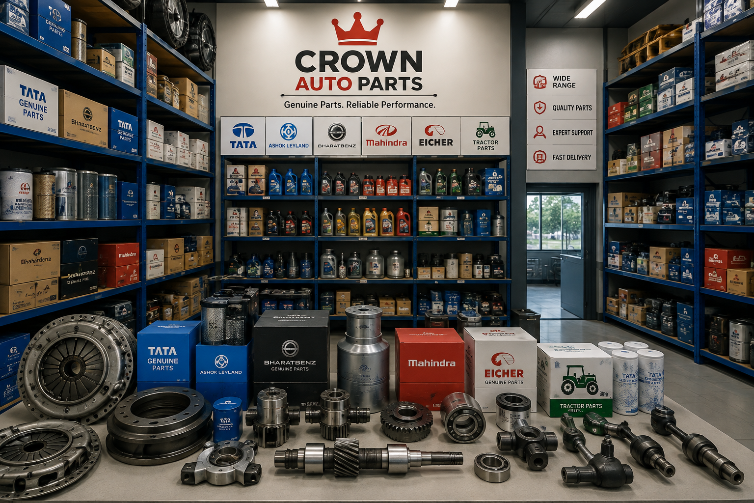 Crown Auto Parts store interior with spare parts display and brand logos